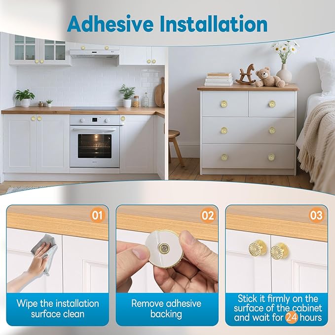 Self Adhesive Drawer Knobs, 4 Pack Self Stick Door Pull Handles, Zinc Alloy No Drilling Cabinet Knobs for Drawer, Closet, Window, Dresser, Sliding Barn/Glass Shower/Balcony Door (4, Gold)