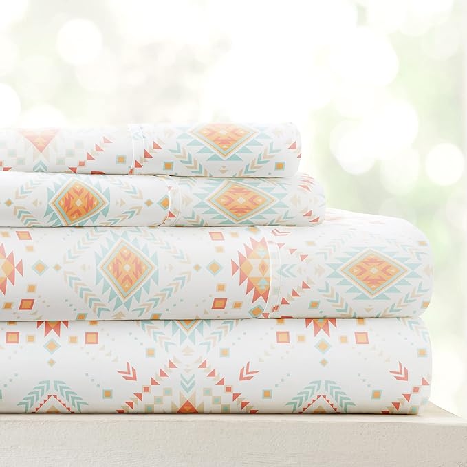 Linen Market Double-Brushed Patterned Microfiber Queen Sheet Set 4 Piece – Oeko-TEX Certified Ultra Soft & Wrinkle-Free - 16" Deep Pocket Sheets - Easy Care Queen Size - Aztec Dreams Coral