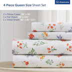 DREAMCARE Queen Size Sheets - Cooling Bed Sheets - 4pcs Set - Queen Sheet Set - Sheets Queen Size Bed - Queen Size Sheet Sets - Soft & Long Lasting 100% Fine Brushed Floral Sheets - Multi Floral