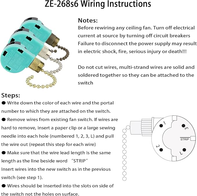 Ceiling Fan Switch ZE-268S6 3 Speed 4 Wire Bronze Zing Ear For Ceiling Light Fans Lamps and Wall Lights Pull Chain Switch Replacement On-Off with Pull Chain,1 Pack