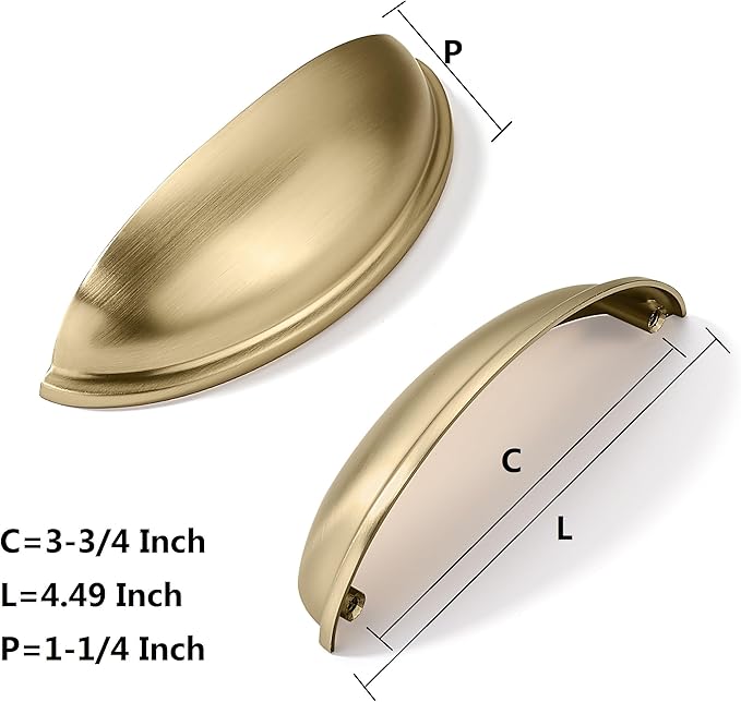 khtumeware 10 Pack 3-3/4" Gold Drawer Pulls Brushed Brass Cabinet Cup Pulls Kitchen Hardware Cabinet Handles Drawer Handles Knobs 3-3/4 inch Hole Center