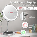 Large Lighted Makeup Mirror, Height Adjustable 8" Rechargeable Foldable Mirrors, 1X/10X Double Sided 3 Color Dimmable Magnifying Mirror, 360° Swivel Touch Screen Tabletop Standing Mirror, Chrome