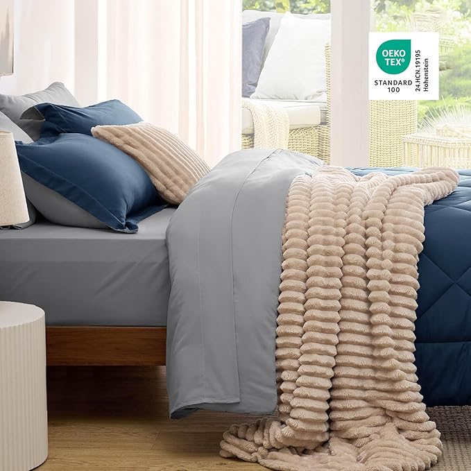 Bedsure Full Size Comforter Set - 7 Pieces Reversible Navy Bedding, Full Size Bed Set for All Seasons, Bed in a Bag with Down Alternative Comforter, Sheets, Pillowcases & Shams