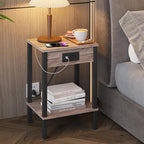 VIMBER Set of 2 End Table with Charging Station, Narrow Side Table with USB Ports and Outlets, Nightstands with 2-Tier Storage Shelves, Sofa Table for Small Space Living Room Bedroom, Greige