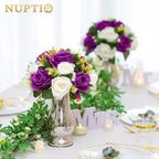 NUPTIO Pcs of 6 Fake Flower Ball Arrangement Bouquet,15 Heads Plastic Roses with Base, Suitable for Our Store's Wedding Centerpiece Flower Rack for Parties Valentine's Day Home Décor (Purple & White)