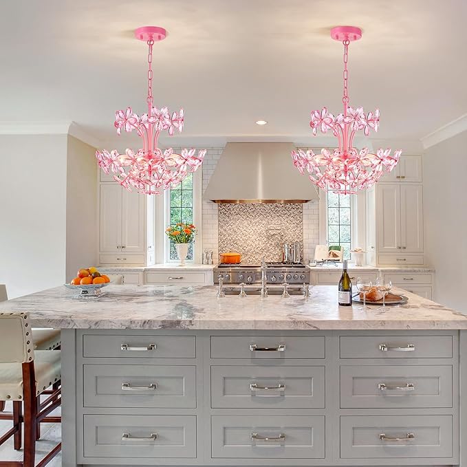 WUZUPS Crystal Chandelier Pendant Flushmount Ceiling Light Modern Lighting Fixture for Bedroom Hallway Bar Kitchen Bathroom, H 15.7" x W 17.7", Pink, E12 Base