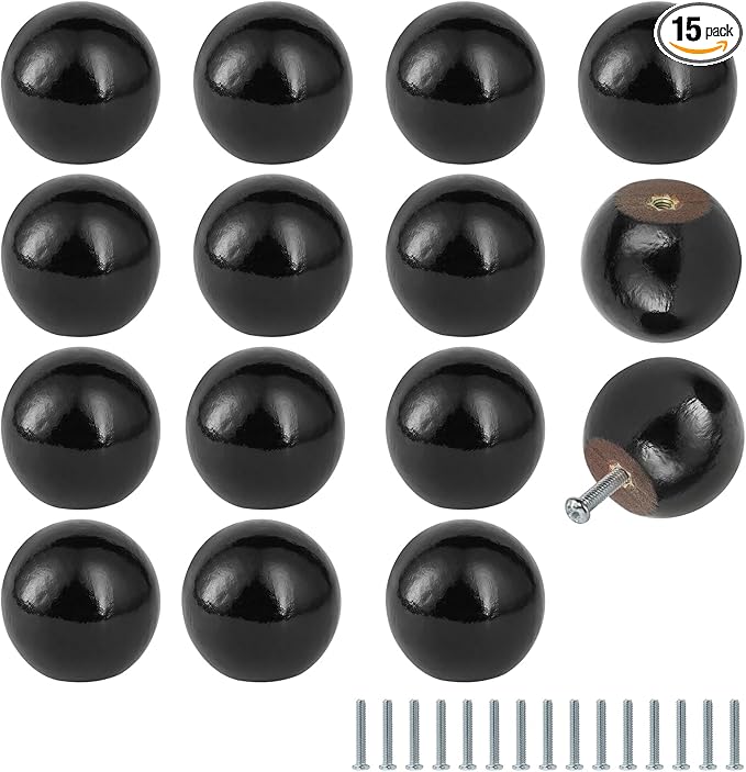 FoDau770 15pcs Black Wood Knobs, Round Ball Cabinet Knobs Vintage Drawer Pulls, Natural Wooden Cabinet Hardware for Furniture Drawer Dresser Wardrobe Cupboard - 1-1/4" Diameter