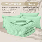HYMOKEGE Mint Green Queen Comforter Set Seersucker 7 Pieces, All Season Luxury Bed in a Bag Queen for Bedroom, Bedding Set with Comforter, Sheets, Pillowcases & Shams
