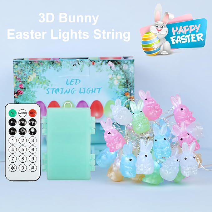 BOHON 3D Bunny Easter Lights String, 10 ft 30 LEDs Colorful Rabbit Battery Operated String Lights with Remote &Timer, Easter Decorations Indoor, Fairy Lights for Spring Window Decor