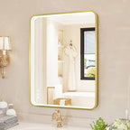 LED Bathroom Mirror with Lights, 24x32 Inch Gold Metal Framed LED Mirror for Bathroom, 3 Colors and Stepless Dimmable Wall Mounted Lighted Bathroom Vanity Mirror, Anti-Fog, Memory