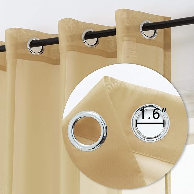 DUALIFE Antique Natural Taupe Sheer Curtains 63 Inch Length Grommet Light Brown Tan Beige Semi Voile Curtain Panels Window Drapes for Living Room and Bedroom Window Treatments 2 Panels 52 x 63 Inch