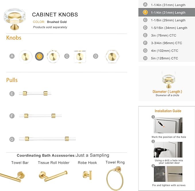 QOGRISUN 5-Pack Brass Crystal Cabinet Knobs,Glass Crystal Gold Drawer Knobs,1-1/4-Inch Polygon,Decorative Dresser Pulls, Modern Cabinet Hardware