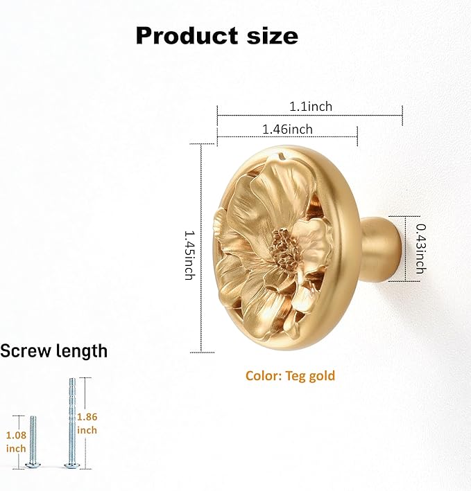 Flower Cabinet Pulls Handle Knob Drawer for Kitchen Dresser Wardrobe Bathroom and Cupboard One Hole Hardware Knobs for Girl Easy Installation Pack of 10 Champagne Bronze