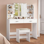 usikey Vanity Desk with Mirror and Lights, Makeup Vanity Set with 2 Drawers and Open Shelves, Makeup Vanity Desk Dressing Table with Cushioned Stool and 10 LED Lights, White
