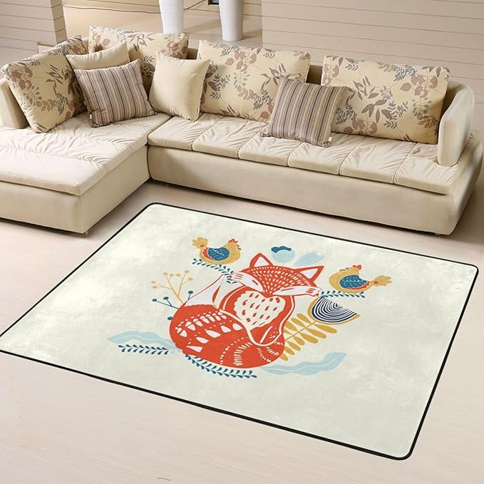 Scandinavian Folk Art with Foxes Area Rug 63x48in Rugs for Living Room Bedroom Rug Washable Large Rug Indoor Decorative Carpet Yoga Floor Mat