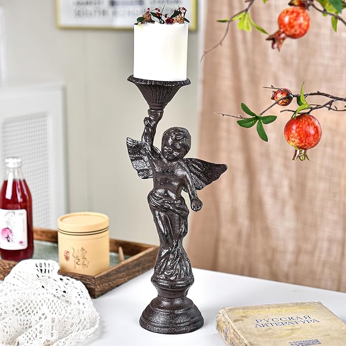 Sungmor Set of 2 Cast Iron Angel Candle Holders, 13.7" Tall Heavy-duty Solid Cherub Candlestick Holders, Vintage EU Style Statue Pillar Column Candle Stands for Wall Shelf Table Center Fireplace Decor