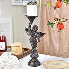 Sungmor Set of 2 Cast Iron Angel Candle Holders, 13.7" Tall Heavy-duty Solid Cherub Candlestick Holders, Vintage EU Style Statue Pillar Column Candle Stands for Wall Shelf Table Center Fireplace Decor