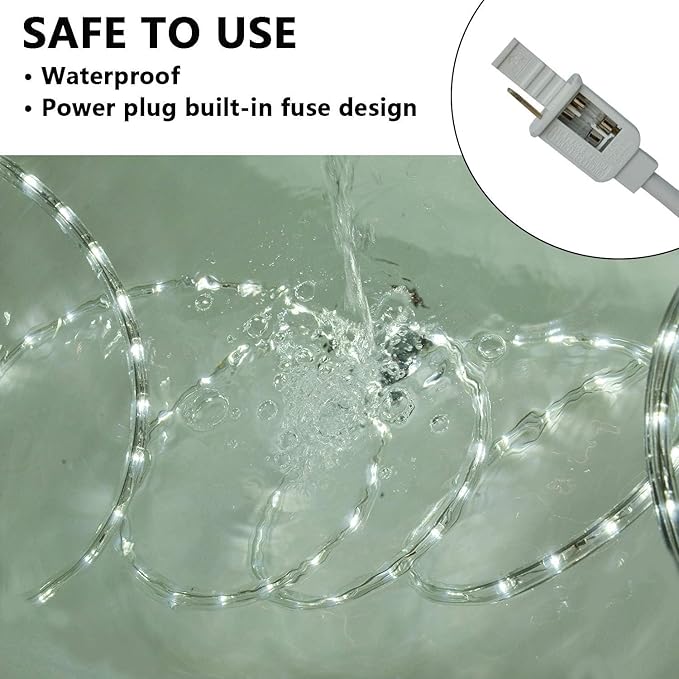 SURNIE Rope Lights Outdoor Waterproof Daylight White: LED 33FT Cuttable Outside Bright 110V Lighting 6000K Flexible Cool Clear Tube, Indoor Deck Patio Xmas Camping Decor, Not Flat Strip