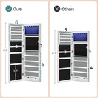 SONGMICS 6 LEDs Mirror Jewelry Cabinet, 47.2-Inch Tall Lockable Wall or Door Mounted Jewelry Armoire Organizer with Mirror, 2 Drawers, Christmas Gift, 3.9 x 14.6 x 47.2 Inches, White