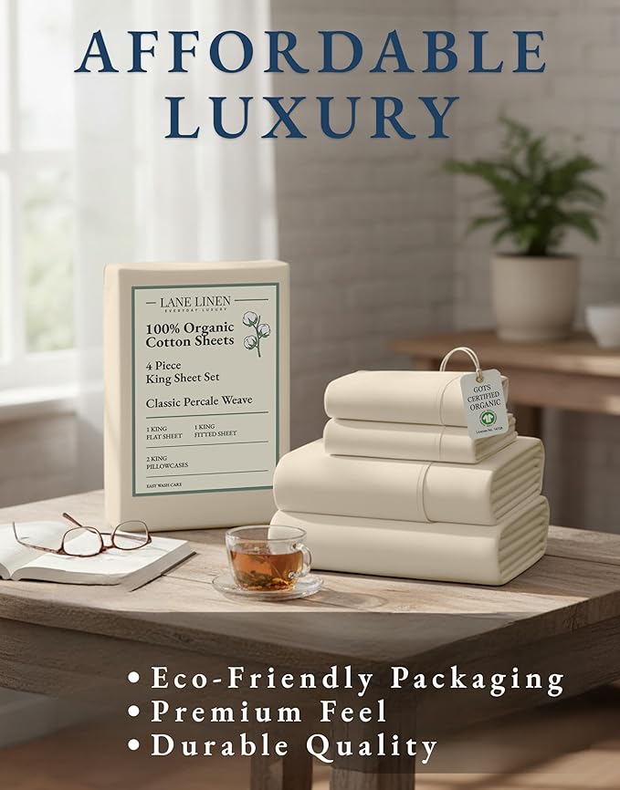 LANE LINEN 100% Organic Cotton Sheets King Size - 4 Pc Bed Sheets King Size, Soft & Breathable Cotton Sheets Set, Percale Sheet & Pillowcase Sets, deep Pocket Sheets Set - Natural