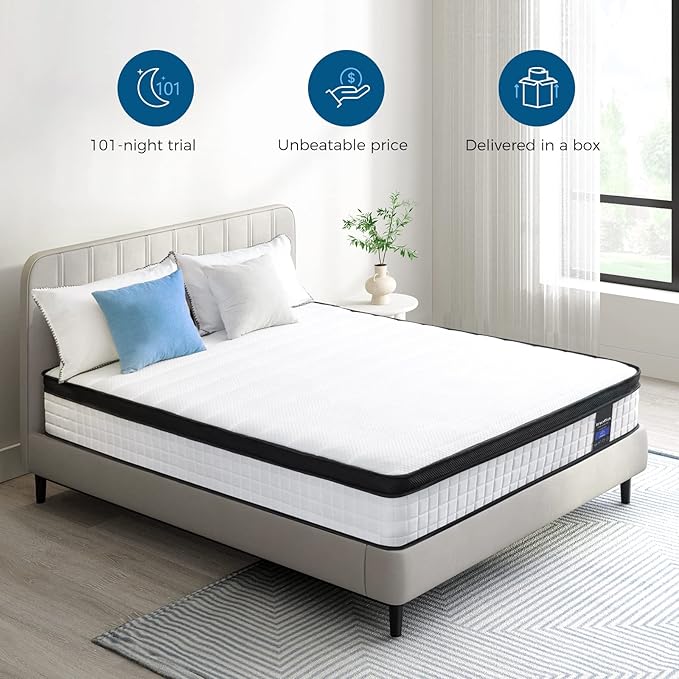 Inofia 10 Inch Queen Hybrid Double Mattress in a Box - Medium Firm, Memory Foam & Pocket Springs, Fiberglass Free, Motion Isolation, Pressure Relief, Edge Support, 10-Year Support, CertiPUR-US