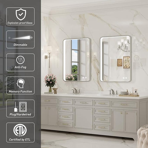 28x36 Inch LED Mirror for Bathroom,Brushed Sliver Metal Frame Lighted Vanity Mirror, Anti Fog Stepless Dimmable,Wall Mounted(Horizontal/Vertical)