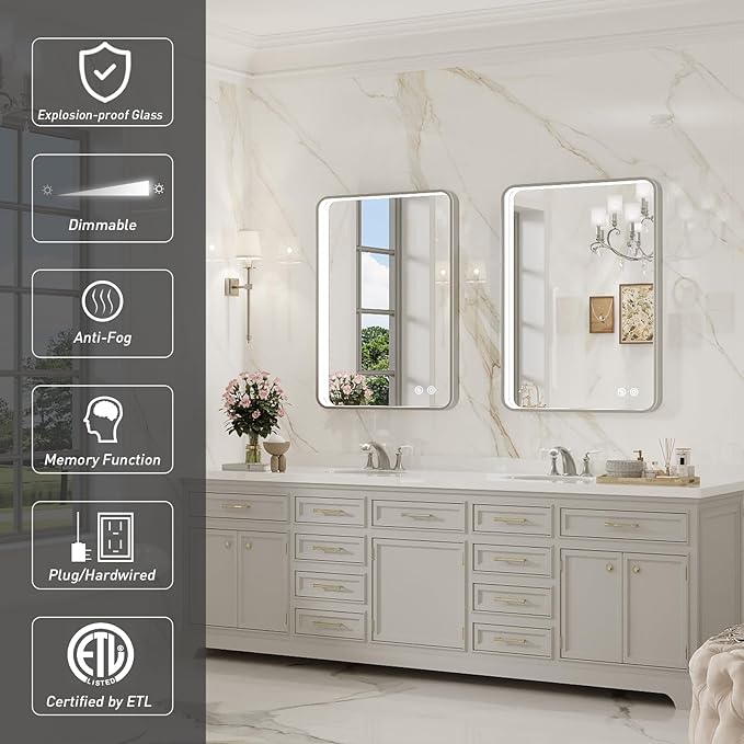 LED Bathroom Mirror with Lights,24x32 Inch Brushed Silver Framed Lighted Vanity Mirror,Anti Fog Stepless Dimmable Wall Mounted(Horizontal/Vertical)
