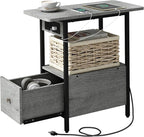 LIDYUK End Table with Charging Station, Narrow Side Table with Drawer and USB Ports & Power Outlets, Nightstand Bedside Tables for Small Spaces, Bedroom, Living Room, Light Grey