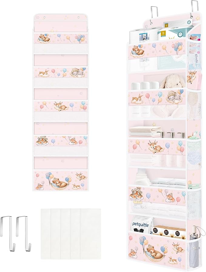 Clastyle Animals Over The Door Organizer Star Nursery Hanging Storage Organizer for Kids Clothes Diaper Toy Closet Door Hanging Shelf Storage for Bedroom Bathroom Pantry, Balloon, 5-Tier