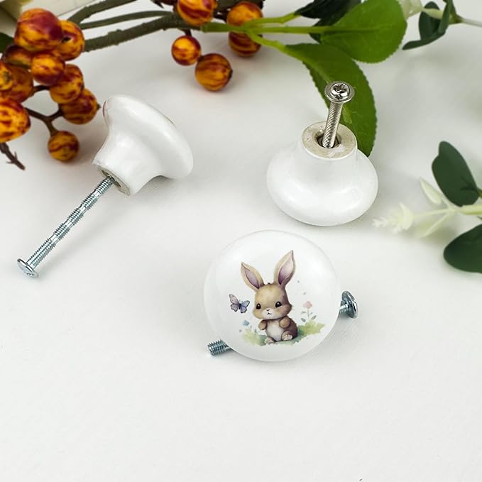 8pack1.5 Rabbit with Flower Ceramics Cabinet Knob Handle Round Animal Nursery Kids Room Furniture Dresser Drawer and Pulls