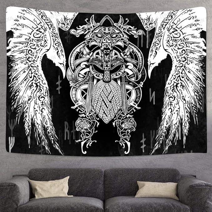 F-FUN SOUL Vikings Tapestries Norse Warriors Tapestry 80x60inches Scandinavian Tapestry Twins Ravens Nordic Viking Odin Wall Hanging Tapestries for Living Room Bedroom Viking Decor GTLSFS411