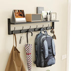 BAMEOS 35 Inch Wall Hooks With Shelf - Entryway Hanging Wood Coat Rack With 7 Dual Hooks for Bathroom, Living Room, Bedroom (Black)