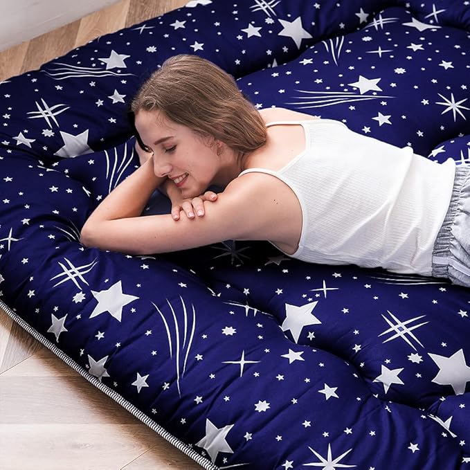 MAXYOYO Navy Starry Sky Japanese Floor Futon Mattress, Tatami Mat Portable Camping Mattress Kids Sleeping Pad Foldable Roll Up Floor Lounger Couch Bed, King Size