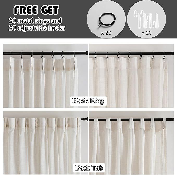 Neutral Linen Sheer Pinch Pleated Sliding Door Curtains, 2x50 Inches Width, Ivory Beige Light Filtering Drapes 84 Inches Long, Textured Modern Farmhouse Window Curtain Panels