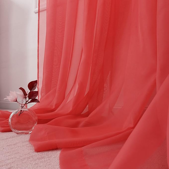 HUTO Christmas Red Sheer Curtains 96 inches Long for Baby Wedding Party Backdrop Rod Pocket Window Sheer Panels Drapes for Bedroom Nursery Living Room 2 Panels Voile Sheer 52 Width by 96 Inch Length