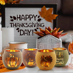 SHMILMH Thanksgiving Votive Candle Holder Set of 12, Glass Tealight Votives Holder with 6 Laser Engraving Patterns, Fall Table Centerpiece Indoor Outdoor Decor