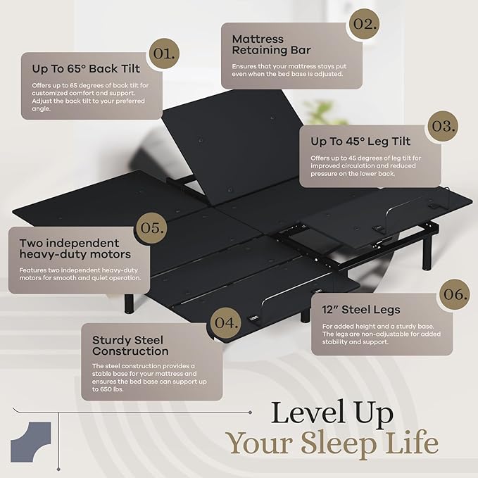 Sven and Son Essential Adjustable Bed Base (Frame) + 12 inch Memory Foam Matt (Medium), Easy Assembly, Head and Foot Lift, Memory Positions, Zero Gravity, Wireless Remote - Split King