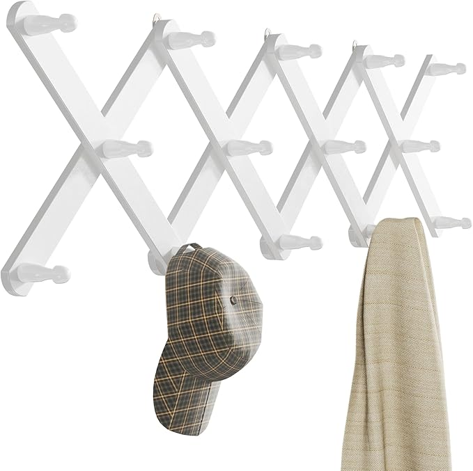OROPY Wood Accordion Wall Hanger, Expandable Coat Rack Wall Mount with 14 Pegs, Expanding Hat Rack for Wall White