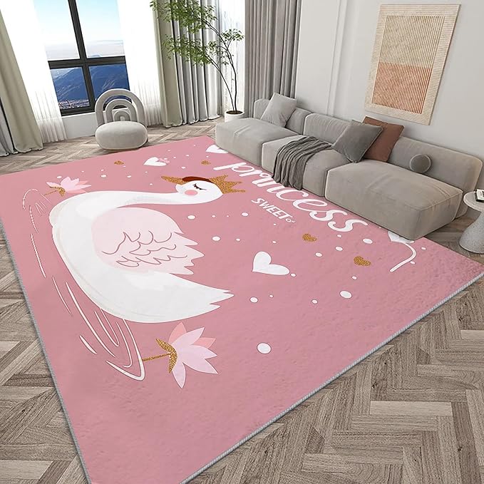 Washable Area Rug for Living Room 8x10 ft Cartoon Swan Princess Peach 3D Print Decor Carpet, Non Slip Stain Resistant Large Area Rugs, for Bedroom Dining Room Office