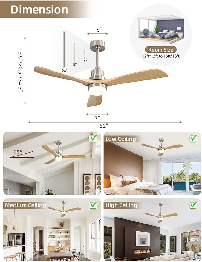 Sofucor 52 Inch Smart Ceiling Fans with Lights and Alexa/Google Assistant/APP/Remote Control-Modern Outdoor 3 Solid Wood Blades Ceiling Fan for Bedroom Living Room Patio, Sandy Nickel&Natural Wood