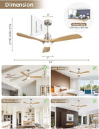 Sofucor 52 Inch Smart Ceiling Fans with Lights and Alexa/Google Assistant/APP/Remote Control-Modern Outdoor 3 Solid Wood Blades Ceiling Fan for Bedroom Living Room Patio, Sandy Nickel&Natural Wood