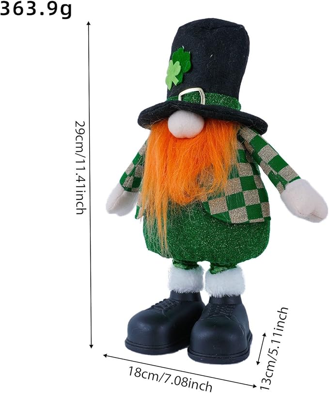 Standing St.Patrick's Day Gnome Plush Doll with Retractable Legs Nordic Scandinavian Swedish Dwarf Gnome Figurines Wearing Glitter Clothes & Black Boots Lucky Green Shamrock Irish Table Decor (B)