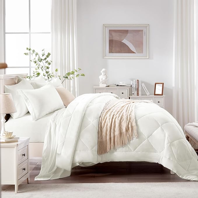 Love's cabin King Size Comforter Set Ivory, 7 Pieces King Bed in a Bag, All Season Bedding Sets with 1 Comforter, 1 Flat Sheet, 1 Fitted Sheet, 2 Pillowcase and 2 Pillow Sham