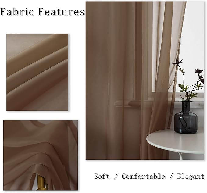 DUALIFE 2 Piece Semi Chocoalate Brown Sheer Curtains 63 inches Long Voile Panels Light Filtering Drapes Grommet Curtain Sheers for Living Room Transparent Bedroom 52x63 Inch Dark Brown