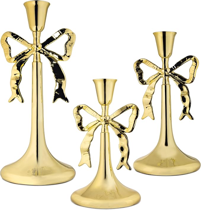 Iris Bow Candle Holders Set of 3, Gold Taper Candlestick Holders, Vintage Decor Perfect for Home Décor Accents, Centerpiece Dining Table Wedding Decor Fireplace Mantel or Housewarming Gift