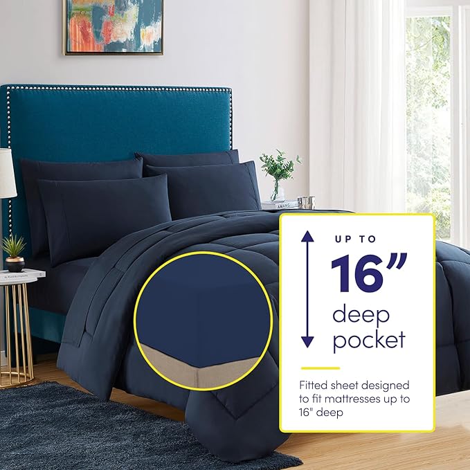 Twin XL Comforter Set with Sheets - 5-Piece Bedding Collection - 1 Comforter, 1 Fitted Sheet, 1 Flat, 2 Pillowcases - Deep Pocket - Soft & Premium Quality - Ideal for All Seasons, Navy Blue