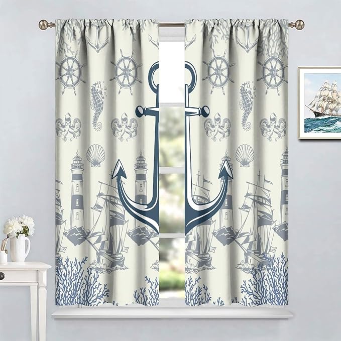 Nautical Anchor Curtains, Vintage Sailboat Ocean Coastal Lighthouse Window Drapes, Navy Blue Coral Shell Seahorse Beach Print Blackout Window Treatments for Living Room Bedroom 84x84in