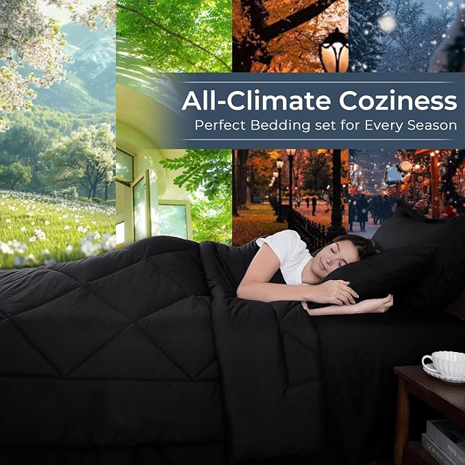 HEVUMYI Black 120x98 Oversized King Comforter Set - 7-Piece All Season Bed in a Bag Oversized King, Ultra Soft Bedding Set with 120 x 98 Comforter, Flat Sheet, Fitted Sheet, Pillowcases, Pillow Shams