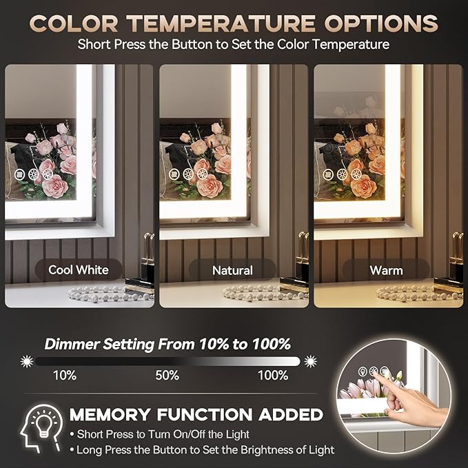 LED Bathroom Mirror, 24“x36“ Lighted Bathroom Mirror with Metal Framed, Extremely Bright LED Mirror for Bathroom, 3 Colors Dimmable, Anti-Fog, Memory, Wall Mounted Lighted Vanity Mirror