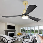 BOJUE 52 Inch Black and Gold Ceiling Fans with Lights and Remote, Solid Wood Fan Blades, Dimmable, Modern Ceiling Fan with Light for Indoor/Outdoor Patio Bedroom